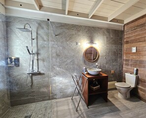 Regadera, toallas, jabón, papel de baño