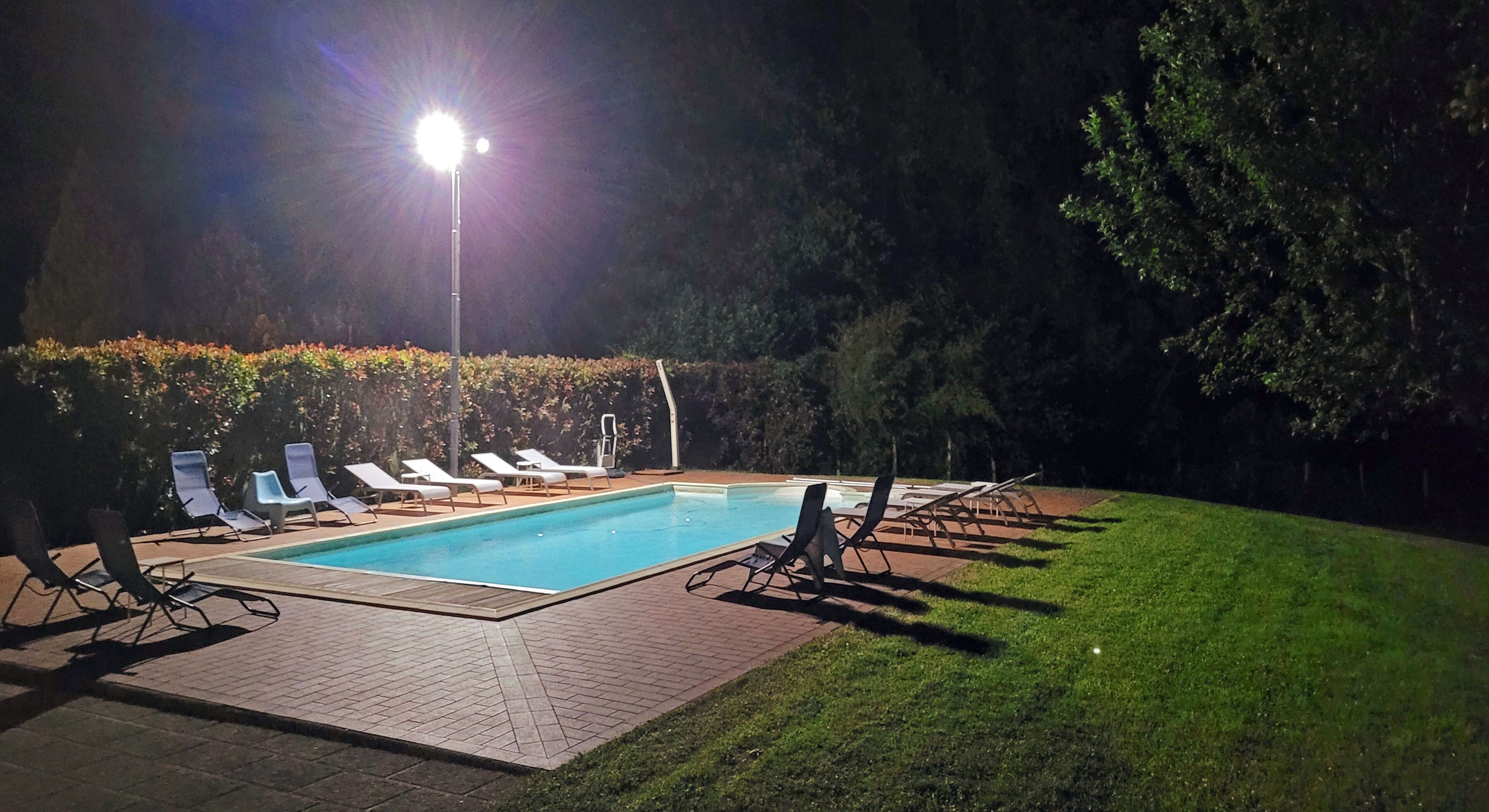 A rectangular swimming pool with a tiled deck, surrounded by lounge chairs and a hedge.