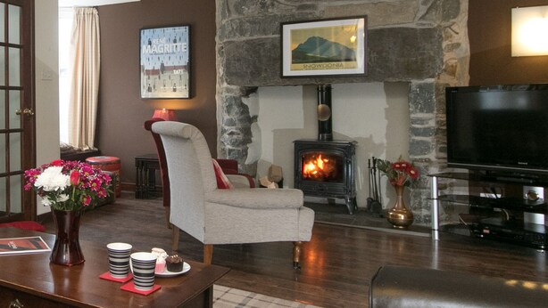 A cozy living room with a stone fireplace, a comfortable armchair, a flat-screen TV, and a vase of flowers on a wooden table. - Awelon sleeps 10, Hot Tub, Log Burner, private courtyard, Porthmadog, Snowdonia (porthmadog)