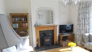 A living room with a fireplace, a television, a bookshelf, and a sofa.