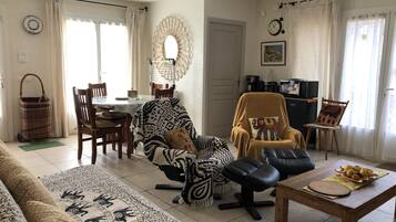 Télévision, cheminée, table de tennis de table, livres