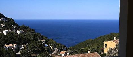 Une vue sur la côte depuis un balcon, avec des maisons et une mer bleue et limpide.