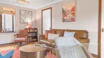 TV connectée, cheminée, lecteur de DVD, livres