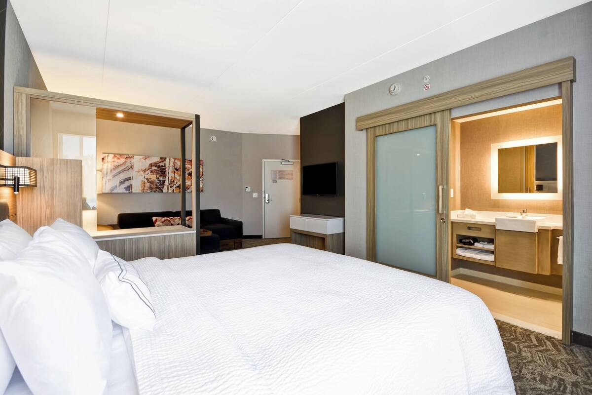 A hotel room with a large bed, a desk, a chair, a TV, a wardrobe, and a bathroom with a sink and mirror.