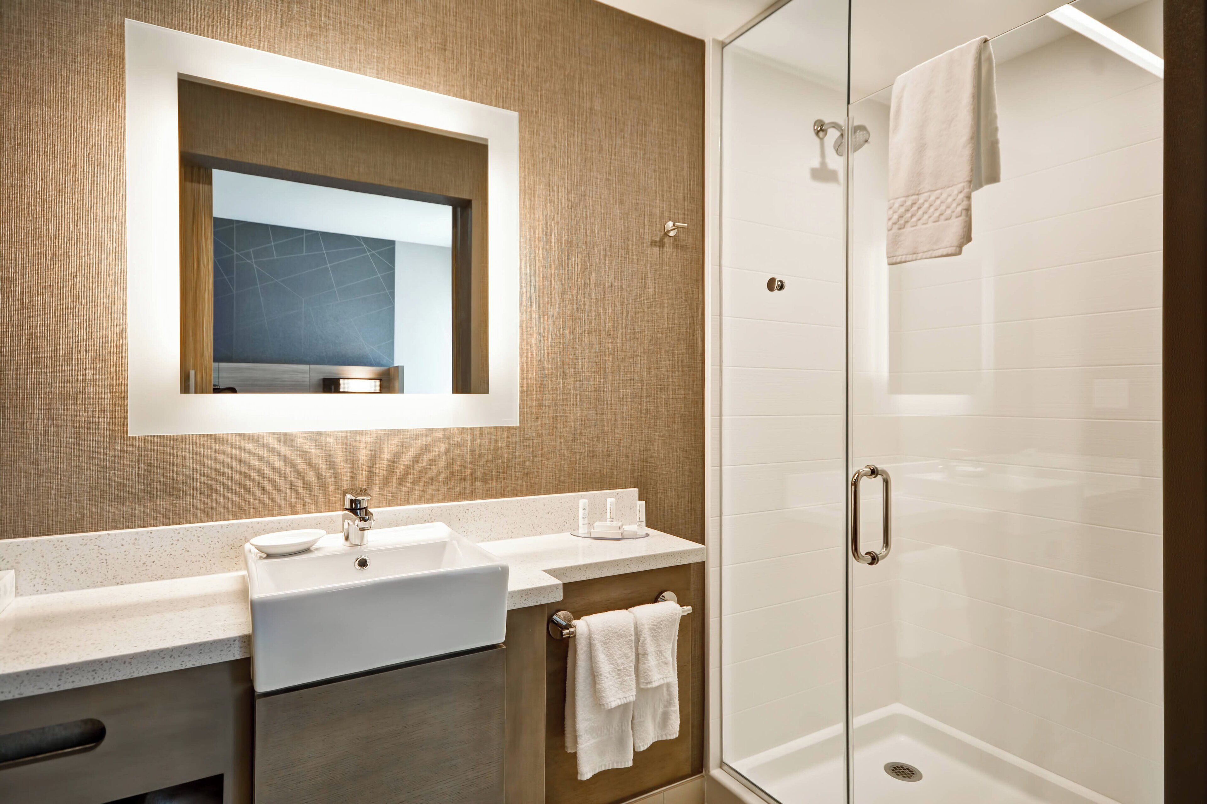 A modern bathroom with a large mirror, two sinks, a glass shower enclosure, and a towel rack.