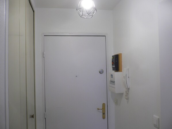 A white door with a brass handle, a light switch, and a small electrical box on the wall.