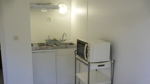 Une petite cuisine équipée d’un évier, d’un four à micro-ondes et d’une bouilloire, le tout placé sur une étagère.