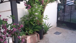 A garden with flowering plants and a concrete floor. - Studio proche de Strasbourg  (Mutzig)