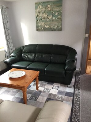 A living room with a green leather sofa, a wooden coffee table with a plate, and a patterned rug.