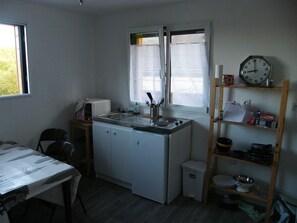 Fridge, microwave, stovetop, coffee/tea maker