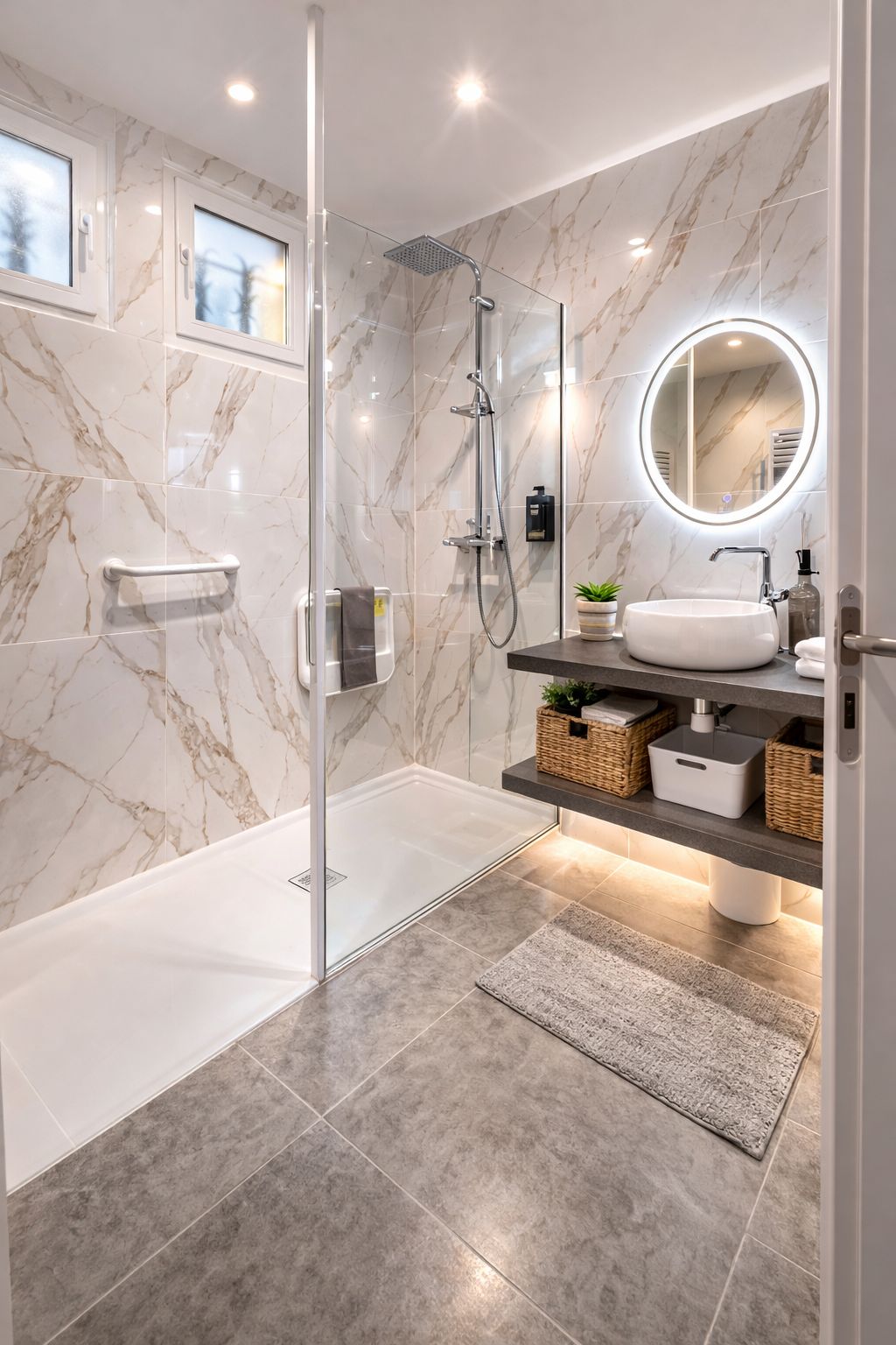 Combined shower/tub, hair dryer, soap, shampoo