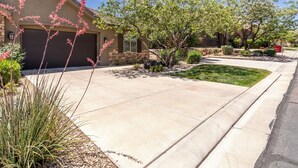 A residential driveway with a garage, a lawn, and a small tree.