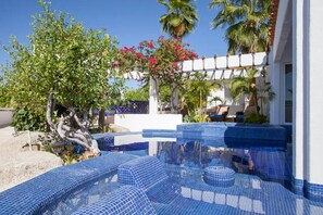 An outdoor swimming pool with blue mosaic tiles, surrounded by palm trees and a white fence. - BEAUTIFUL VILLA WITH PRIVATE POOL (Cabo San Lucas)