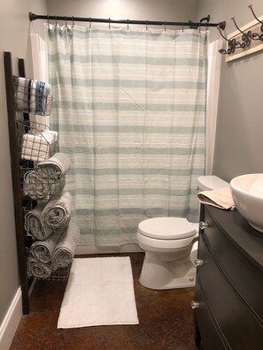 Combined shower/tub, hair dryer, towels, soap - NO PETS. fully furnished, sleeps four. Beautiful retreat and close to town. (Corinth)