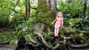 A child sitting on a moss-covered tree branch in a forest.