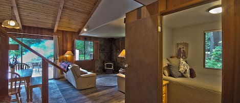 Télévision, cheminée, lecteur de DVD, livres