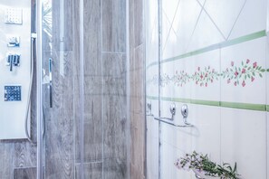 Shower, hair dryer, bidet, towels