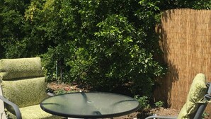 A patio with two green patterned chairs and a glass table. - Temecula Wine Country Guest House w/Kitchen - Prime Location (Temecula)