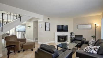 TV connectée, cheminée, Netflix, livres