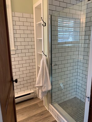 Shower, hair dryer, towels, soap - Charming home with stunning lake views! (Watkins Glen)