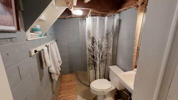 Chuveiro, secador de cabelo, shampoo
