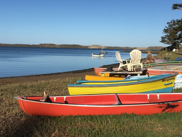 A row of colorful canoes on a grassy shore by a calm lake with boats in the background.