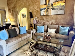 Televisio, DVD-soitin, kirjoja, musiikkikirjasto