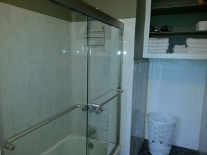 Shower, hair dryer, towels, toilet paper