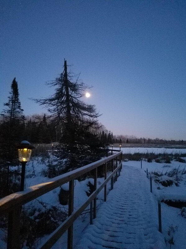 Un sendero de madera cubierto de nieve que conduce a una barandilla de madera con un farol a la izquierda.