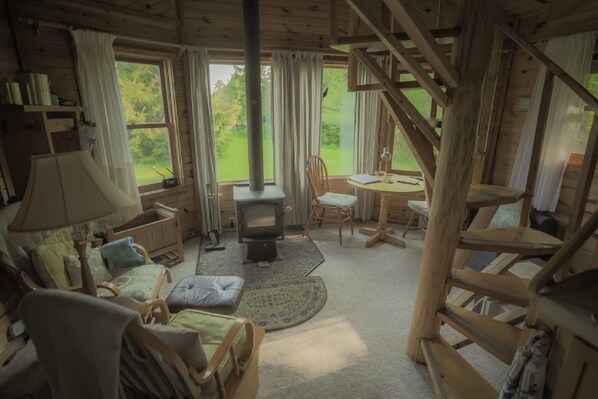 Fireplace, books, stereo - Spiral Staircase Leads To The Lofted Bedroom With Wall To Wall Knotty Pine. (McGrath)