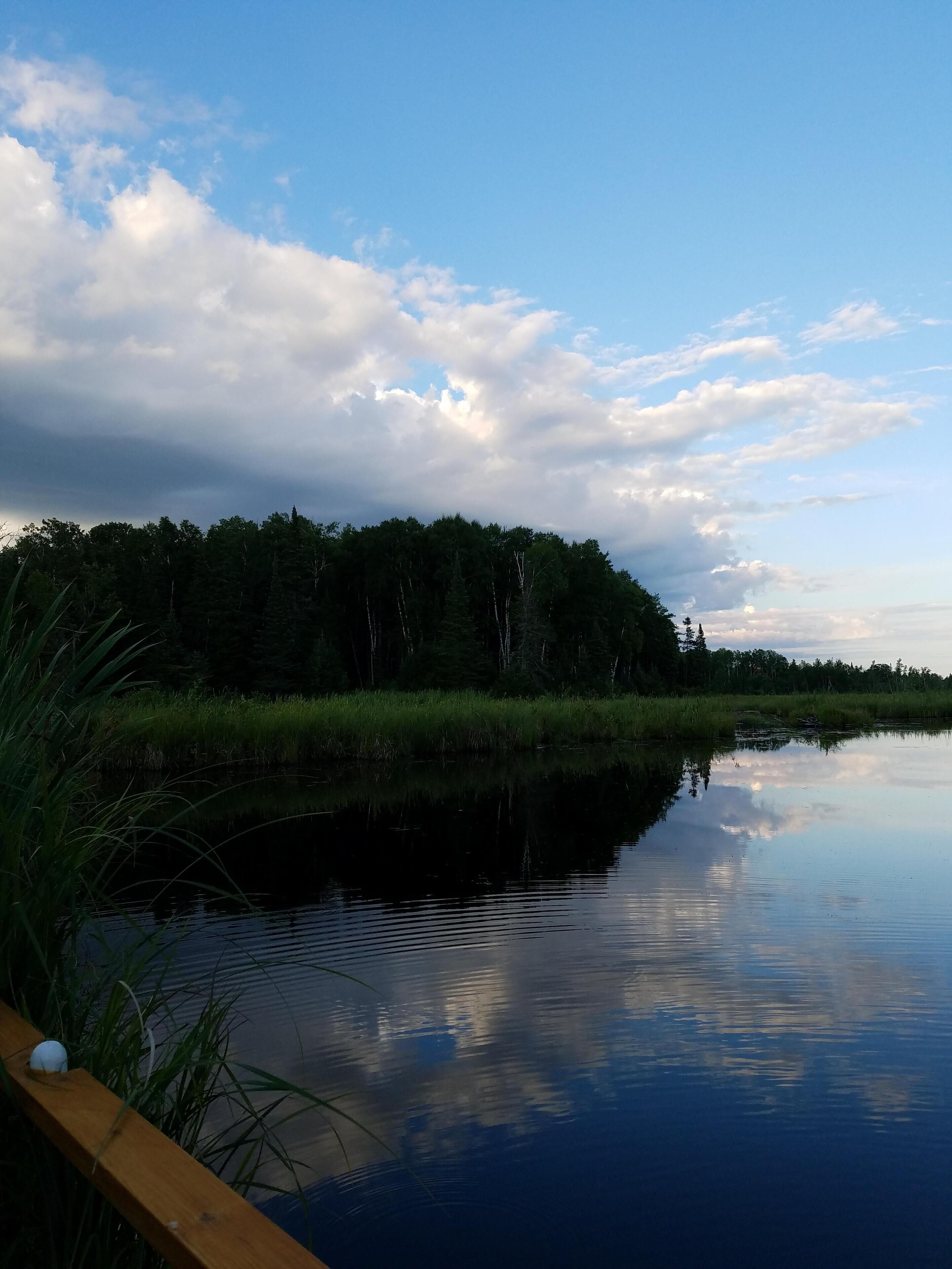 Rustig water spiegelt de lucht en bomen.