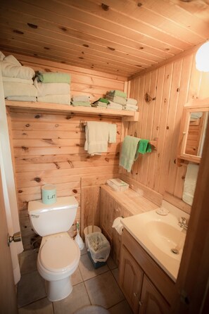 Ein Badezimmer einer Holzhütte mit Toilette, Waschbecken und Handtuchablage.