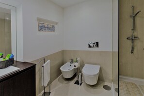 Regadera, secadora de cabello, bidet, toallas