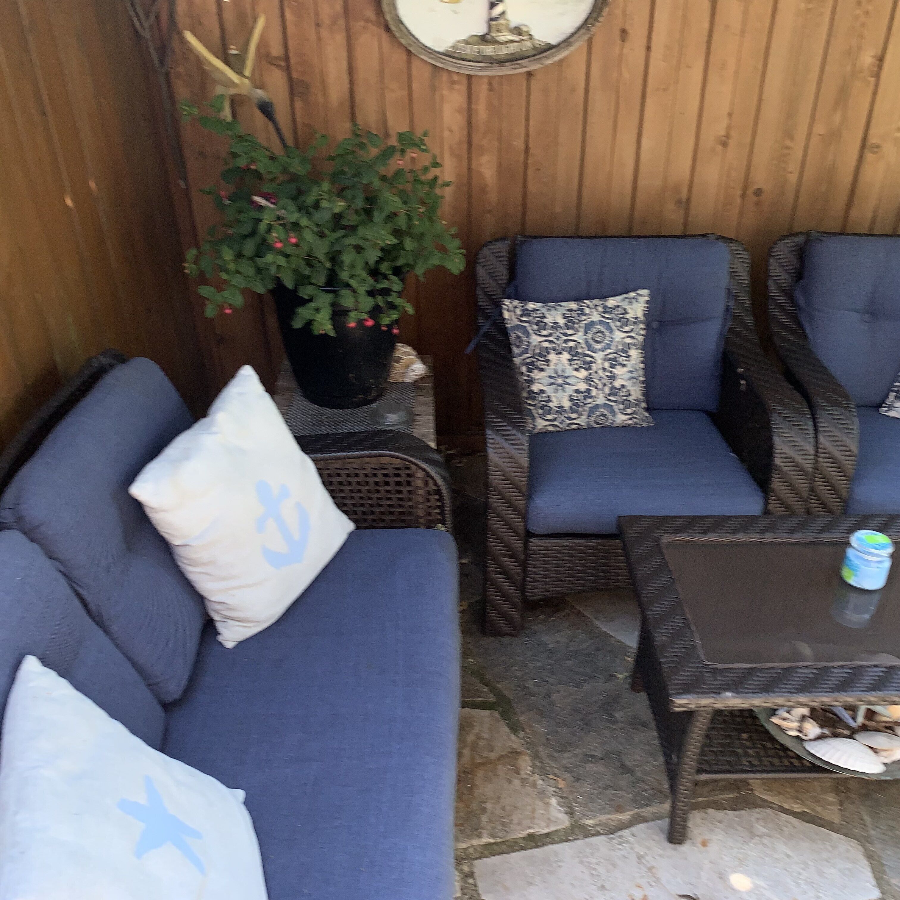 Een zithoek met twee blauwe, met kussens uitgevoerde banken en stoelen, een kleine tafel en een plant in een pot.