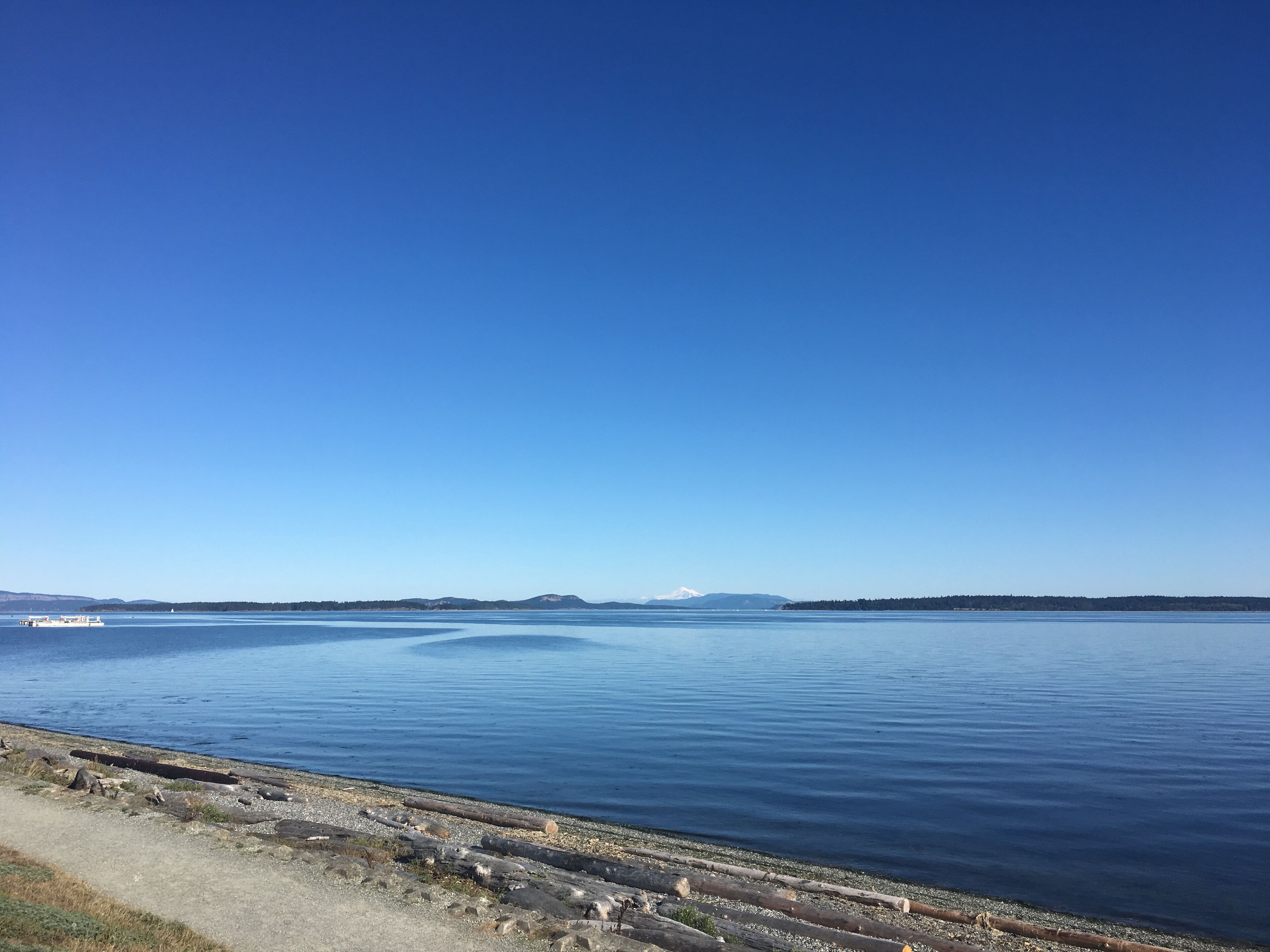 A calm lake with a clear sky, a distant mountain, and a boat on the water.