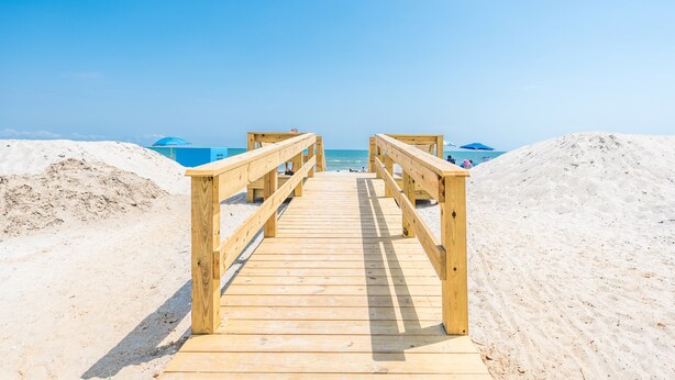 A wooden boardwalk leading to a beach with clear skies. - Fully Remodeled Bright and Beautiful  2bed 2 bath condo just steps to the Beach (Murrells Inlet)