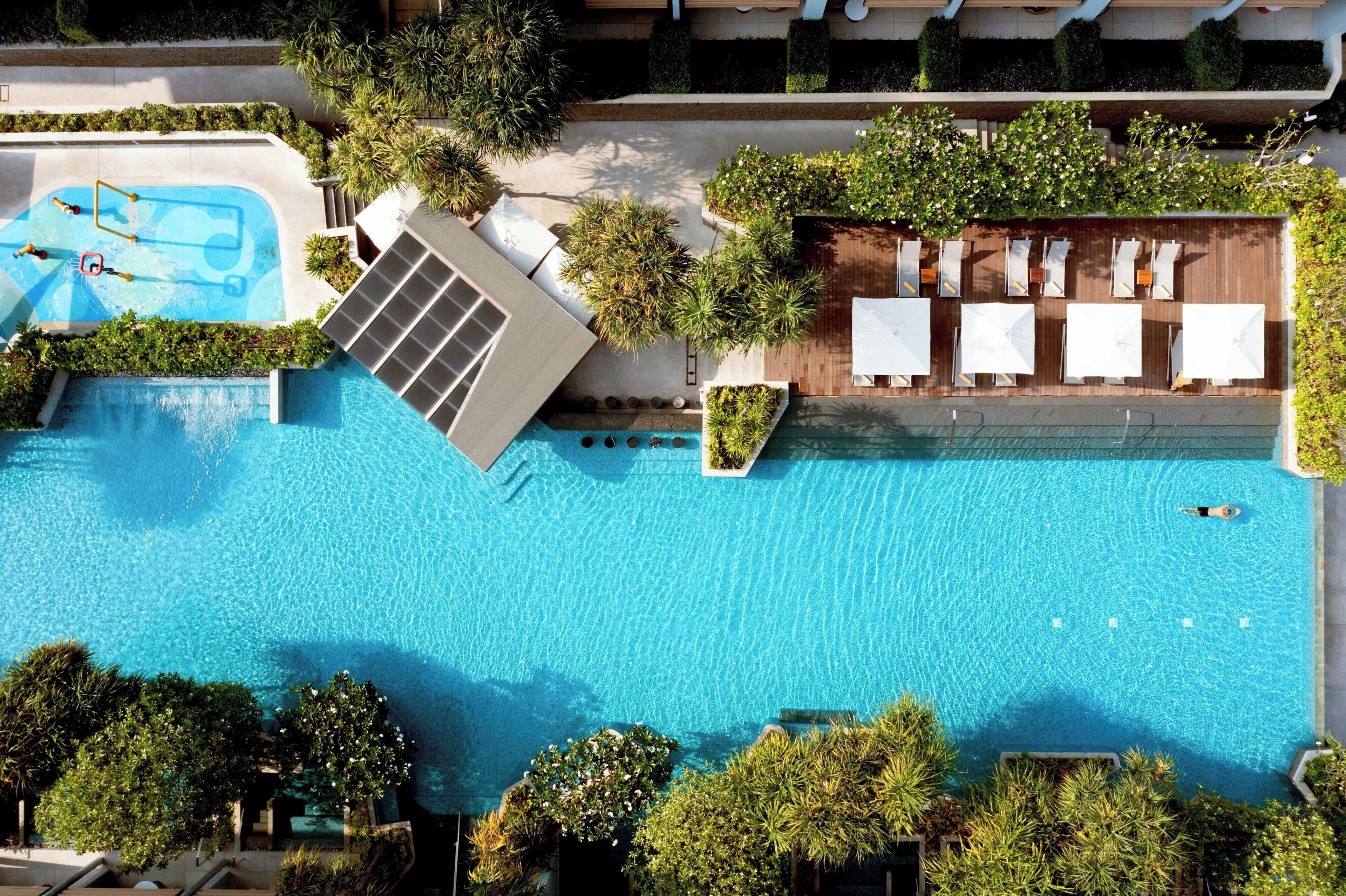 A rooftop swimming pool with a sun terrace, surrounded by lush greenery.
