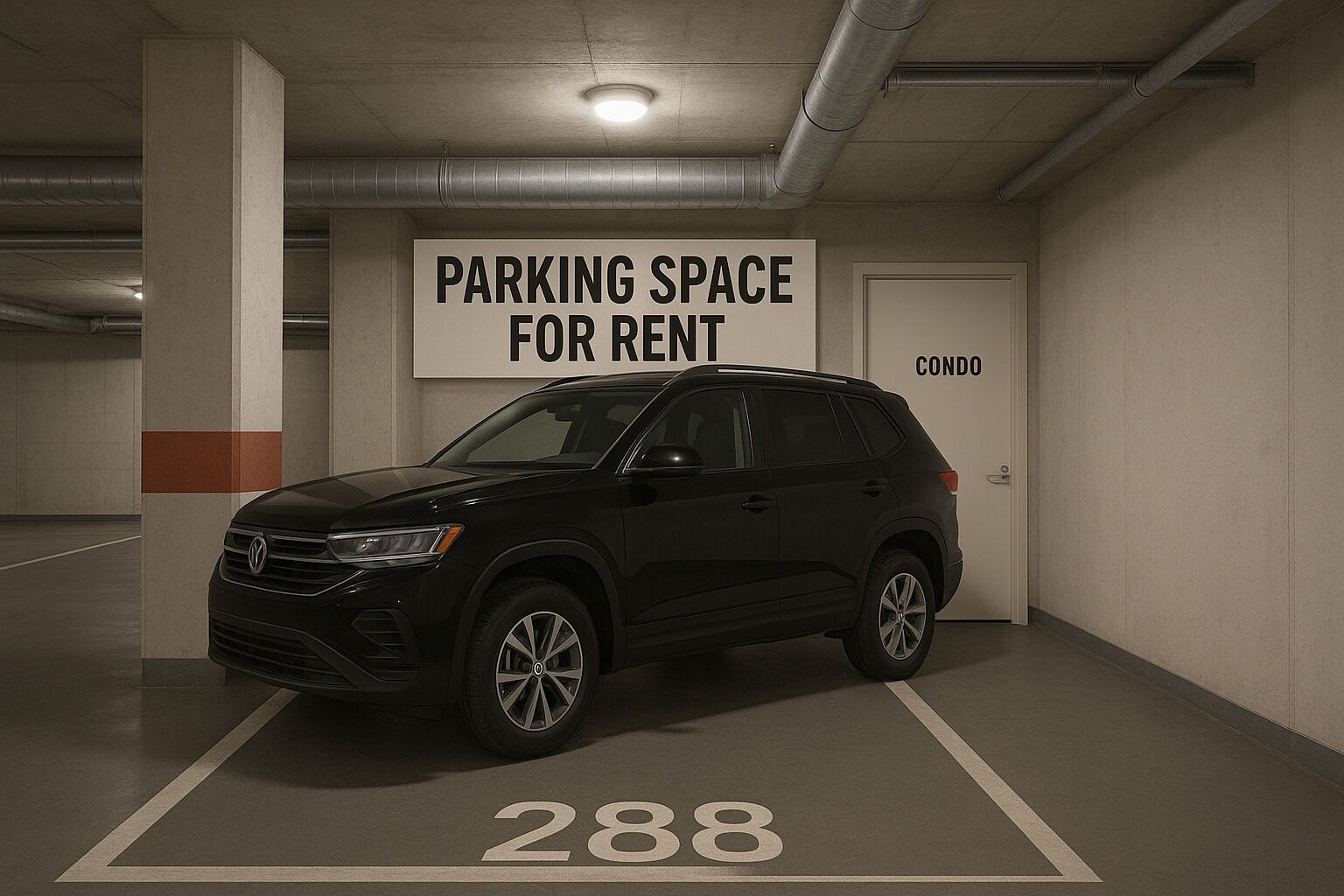 Vaga de estacionamento marcada com o número 288 numa garagem, com indicação de que está para alugar.