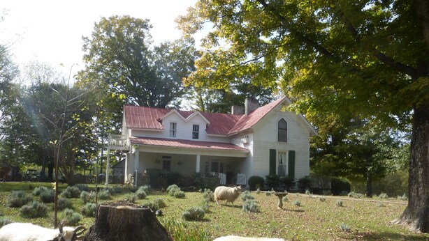 Une maison blanche avec un toit rouge et une véranda, entourée d’arbres et d’herbe.