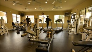 A gym with treadmills, weight machines, and ceiling fans. - Baton Rouge Condo With Resort Atmosphere With Custom Decor, Sleeps 2 (Baton Rouge)