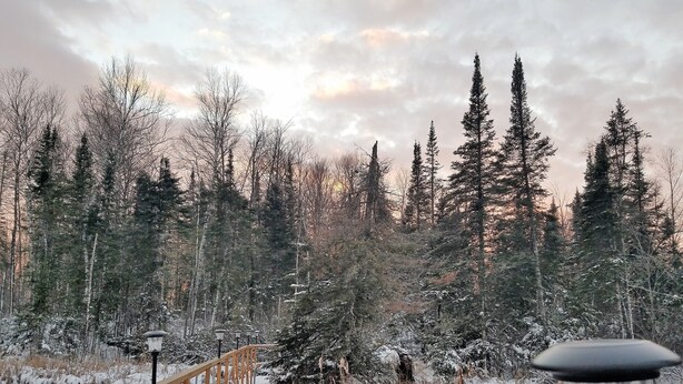 A wooden deck overlooking a snowy forest with a lamp post. - The Cedar House Is Uniquely Set In The Forest Surrounded By Decks And Porches. (McGrath)