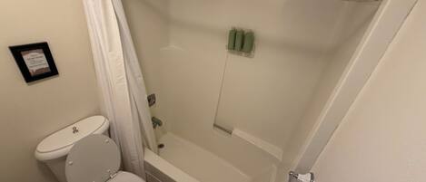 Een badkamer met toilet, douche en bad.