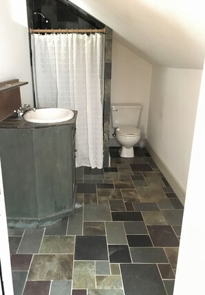 Combined shower/tub, hair dryer, towels, soap