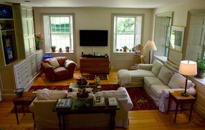 Smart TV, fireplace, DVD player, books
