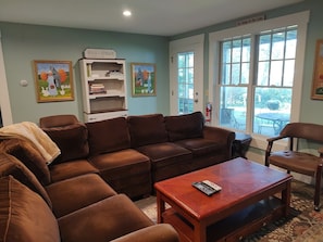 Smart TV, fireplace, DVD player, books
