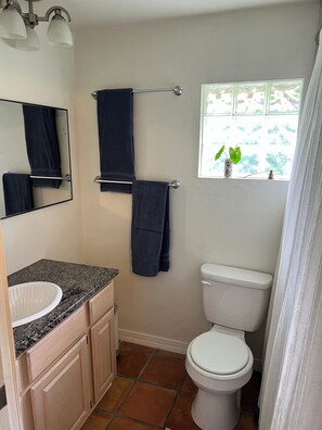Bathtub, hair dryer, towels, soap