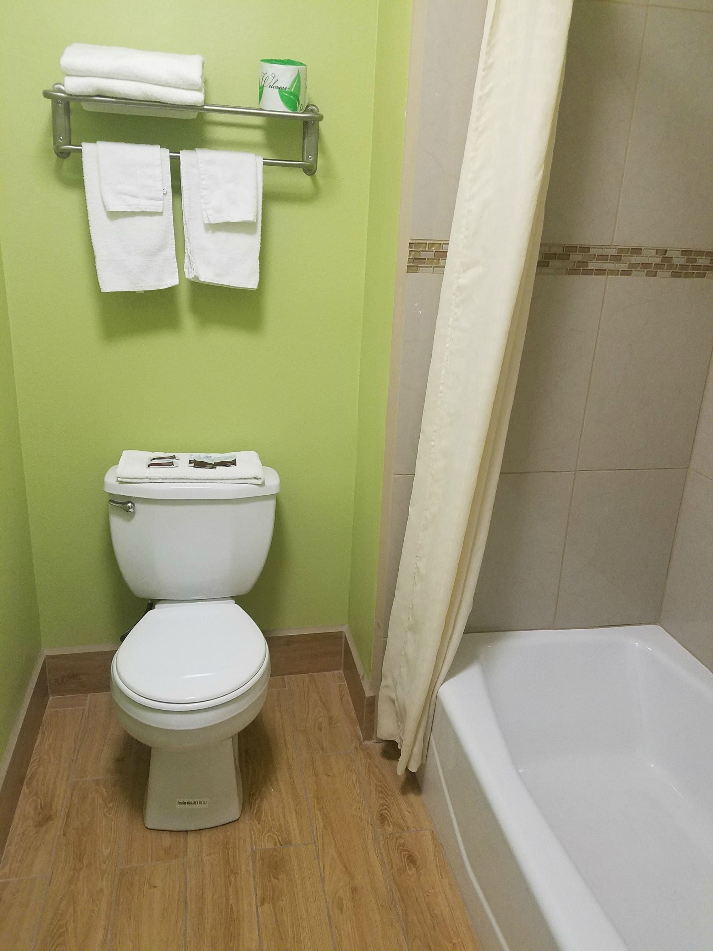 Un bagno con il water, una tenda doccia e una vasca da bagno.