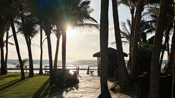 A stone pathway leading to a beach with palm trees and a thatched-roof structure. - Nannai Residence Apartments - Muro Alto (Porto de Galinhas - PE) (Ipojuca)