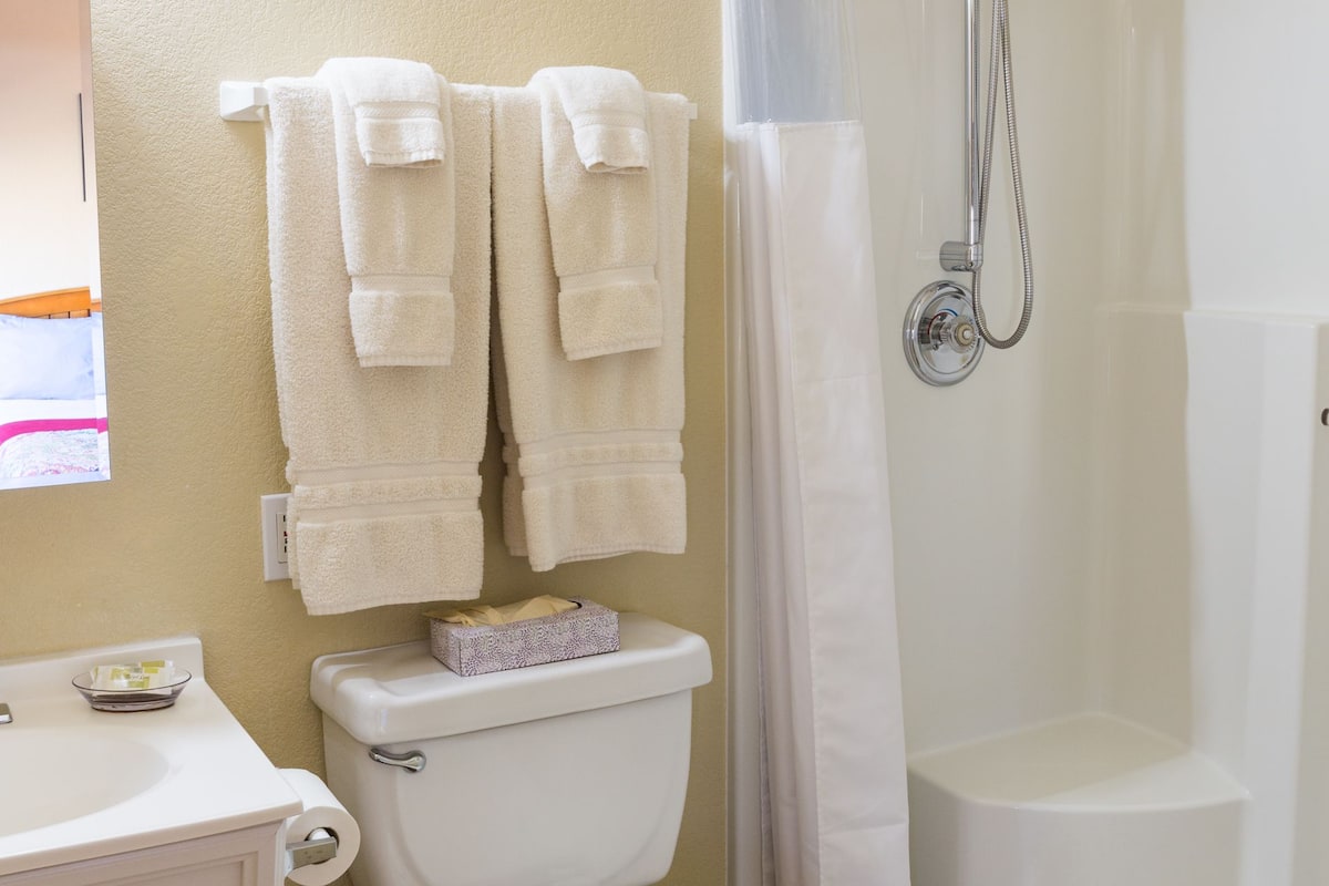 basic room, 1 queen bed, refrigerator, river view | bathroom | free toiletries, hair dryer, towels