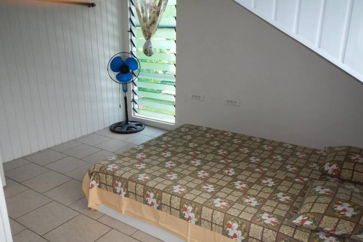 A small, single-bed room with a patterned bedspread, a standing fan, and a window with blinds.